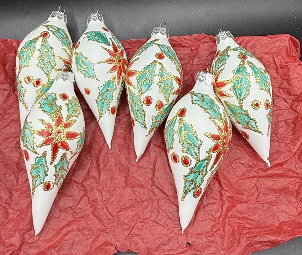 6 Christmas by Krebs Glass Teardrop Ornaments Poinsettia Design 4.5” -LO29
